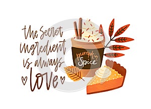 Pumpkin spice latte and pie flat vector illustration. Fall season dessert and drink composition with lettering photo