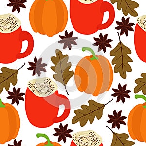 Pumpkin spice latte seamless pattern, bright cups and autumn elements on a white background