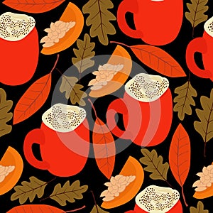 Pumpkin spice latte seamless pattern, bright cups with a drink and autumn elements on a black background