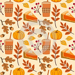 Pumpkin spice latte seamless vector pattern