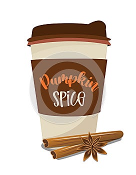 Pumpkin spice latte - take away, coffee to go cup for autumn menu or greeting card design.