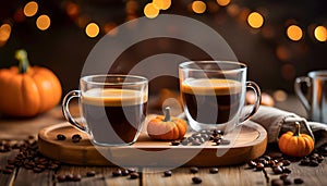 Pumpkin Spice Latte. Two glass cups of latte with seasonal autumn spices, fall decor.