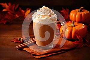 A pumpkin spice latte with whipped cream and a sprinkle of cinnamon. Ornamental pumpkins on wooden background
