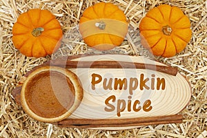 Pumpkin Spice message with a pumpkin pie and pumpkins and spice