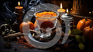 Pumpkin spice potion swirling concoction, magical spices, enchanted aroma, Halloween enchantment