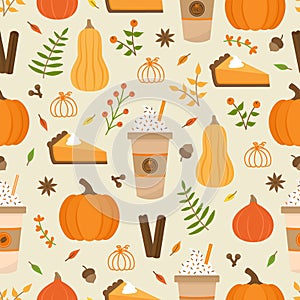 Pumpkin spice vector seamless pattern