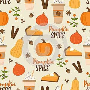 Pumpkin spice vector seamless pattern