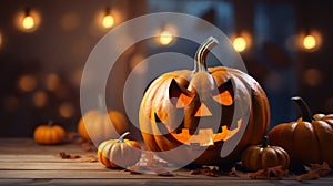 Pumpkin spiced halloween greeting card featuring smiling jack olantern on defocused background