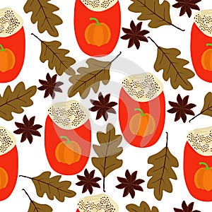 Pumpkin spices latte seamless pattern, bright cups with a drink and autumn elements on a white background