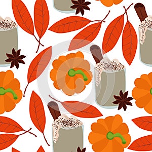 Pumpkin spices latte seamless pattern, glasses with a drink and autumn elements on a white background