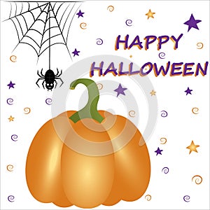 Pumpkin and spider on background with wishes. Happy Halloween. Halloween banner.