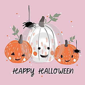 Pumpkin, spider and sweets background. Halloween vector illustration.