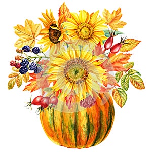 Pumpkin, sunflower, berries, leaves Watercolor. Bouquet botanical painting Hand-painted autumn illustration fall clipart