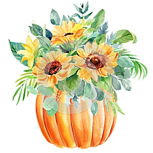Pumpkin, sunflower flowers, leaves Watercolor. Vintage Fall botanical painting. Hand-painted autumn illustration clipart