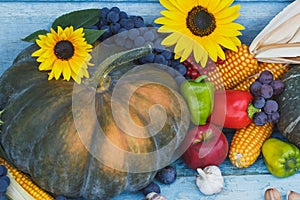 Pumpkin, sunflowers and different ripe vegetables