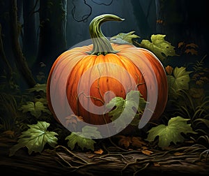 Pumpkin surrounded by vines, roots, leaves, in a dark dark forest. Pumpkin as a dish of thanksgiving for the harvest