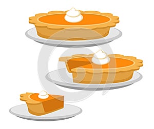 Pumpkin or sweet potato pie, whole and slice. Traditional American Thanksgiving dessert. Illustration vector flat