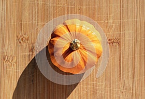 Pumpkin on a textured wooden background. Fall concept with copy space