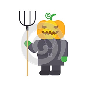 Pumpkin three quarters holding pitchfork and smiles