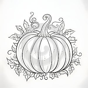 Pumpkin with tiny leaves. Pumpkin as a dish of thanksgiving for the harvest, picture on a white isolated background