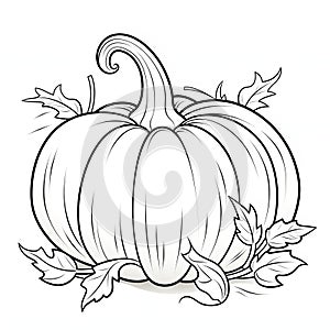 Pumpkin with tiny leaves. Pumpkin as a dish of thanksgiving for the harvest, picture on a white isolated background