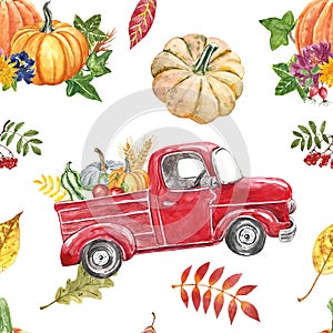 Pumpkin truck seamless pattern. Colorful autumn harvest print. Vintage red car with pumpkins, flowers and leaf on white background