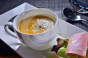 Pumpkin truffle soup bisque salad platter