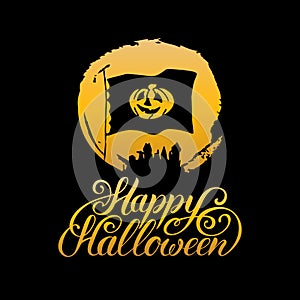 Pumpkin vector illustration with Happy Halloween lettering. All Saints Eve background. Festive label, card design.