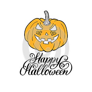 Pumpkin vector illustration with Happy Halloween lettering for party invitation card, poster. All Saints Eve background