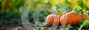 Pumpkin vegetable plant on the garden bed. Close up. Copy space for text. Blurred background. Banner slider template.