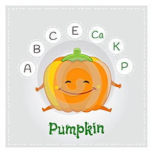 Pumpkin vegetable vitamins and minerals. Funny vegetable character. Healthy food illustration