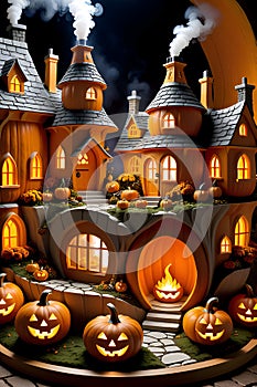 A pumpkin village with cheerful pumpkins, smoke curling from the chimneys, horor cute scenery, t-shirt prints