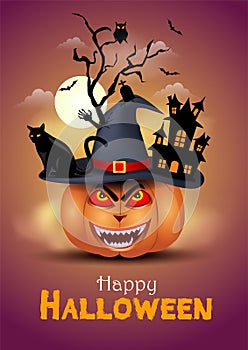 Pumpkin wearing devil hat. happy Halloween poster, flyer, banner creative design. vector illustration