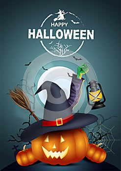 pumpkin wearing devil hat. happy Halloween poster, flyer, banner creative design. vector illustration design