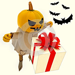 Pumpkin witch has gift suprise with bats