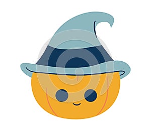 Pumpkin in a witch hat. Cute Halloween character. Magic and enchantment. Smiling orange vegetable. Witchcraft. Festive