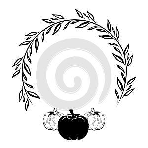 Pumpkin with wreath - Hand drawn vector illustration. Autumn color greeting with pumpkin.