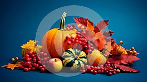 Pumpkins, apples, and berries autumn harvest and leaves on navy blue background, Thanksgiving and Halloween autumn background.