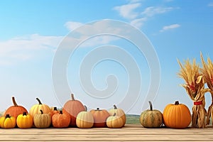 Pumpkins, Apples, And Corncobs On Wooden Table Under Clear Sky, Setting The Stage For Thanksgiving