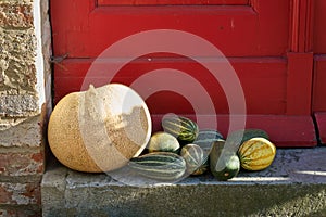 Pumpkins as an autumnal decoration at the front door of a house in the countryside