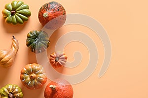 Pumpkins as border on orange background with copy space. Thanksgiving day or Halloween template