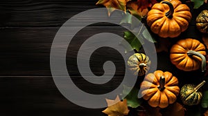 pumpkins and autumn leaves on dark wood background top view angle, copy space, minimalist composition.