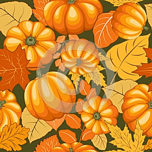 Pumpkins and Autumn Leaves Joyful Thanksgiving Halloween Party Vector Illustration