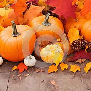 Pumpkins and autumn leaves on a rustic stone background. AI generated