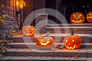 Pumpkins and autumn leaves on stone stairs