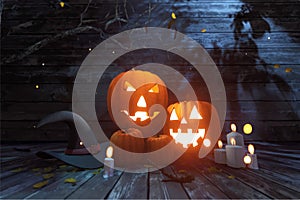 Pumpkins background. Comic Halloween vector illustration poster template