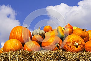 Pumpkins on bales of straw (hay)