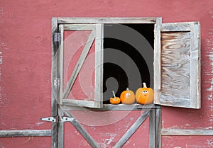 Pumpkins in barn window