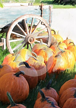 Pumpkins at the base of an old wooden cart.