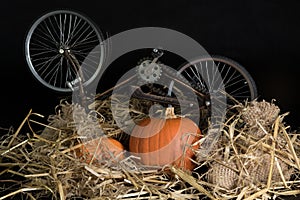 Pumpkins, bicycle and jute bag in the straw on a black background